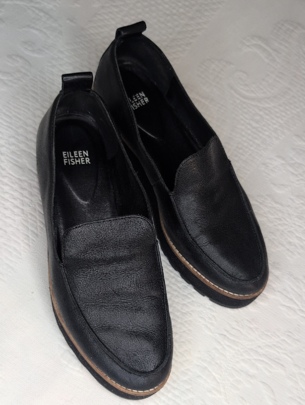 Eileen Fisher Black Leather Slip-On Loafers with Tan Welt